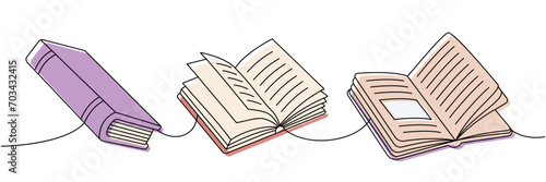 Opened and closed books. Back to school one line colored continuous drawing. School accessories continuous one line illustration.