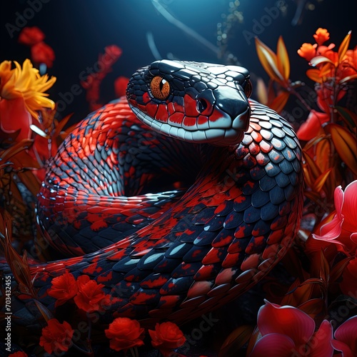 Snake power red blue symbol of cunning beauty and fear abstraction