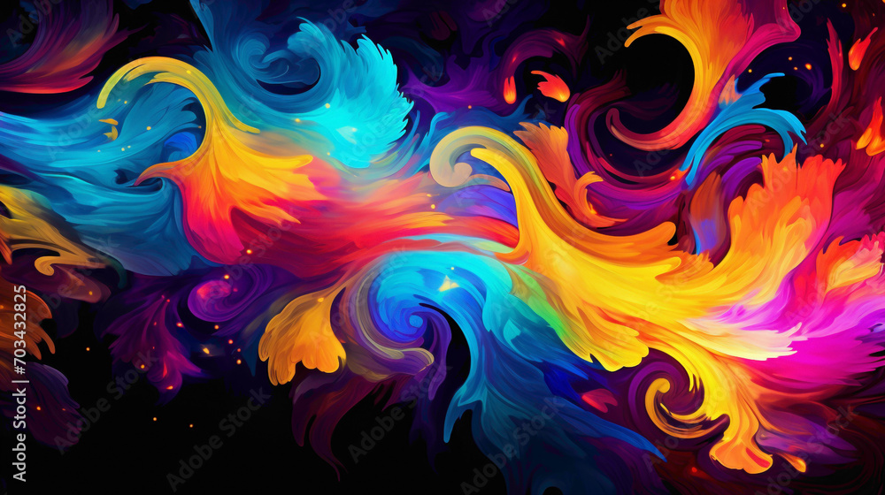 A vibrant explosion of neon colors swirling together, resembling a cosmic dance against a midnight black background.