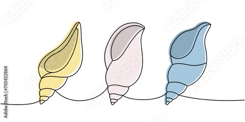 Sea shells. Sea shells, mollusks, scallop, pearls. Tropical underwater shells continuous one line illustration. Vector minimalist linear illustration.