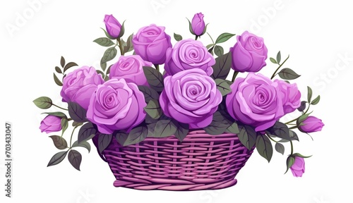 Beautiful pink roses in a wicker basket in flat style
