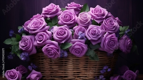 Realistic purple roses in a wicker basket