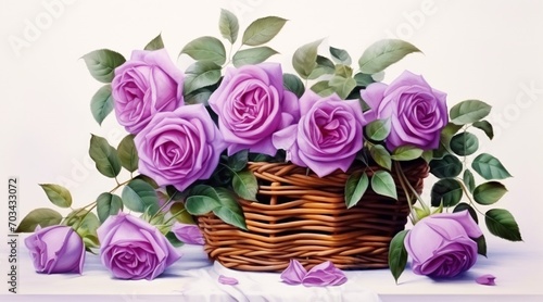 Realistic roses in a wicker basket