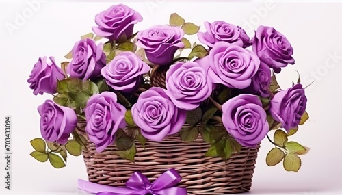 Realistic purple roses in a wicker basket with a bow