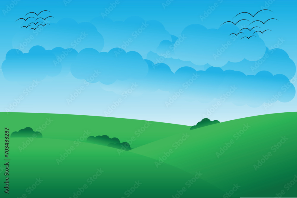 Cute rural  tree, field, mountains, cartoon style, vector, illustration