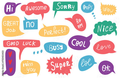 Cartoon colorful speech bubble with handwritten short text hi, sorry, busy, miss you, super. Talk bubble box. Speak balloon. Communication, dialog, feedback vector symbols. Vector illustration.