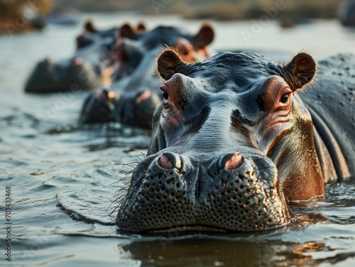 Group of hippos partially submerged in a river, with their eyes and ears above water.