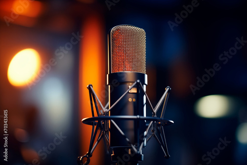 Professional large diaphragm condenser microphone on a stand, blurred dark bokeh background