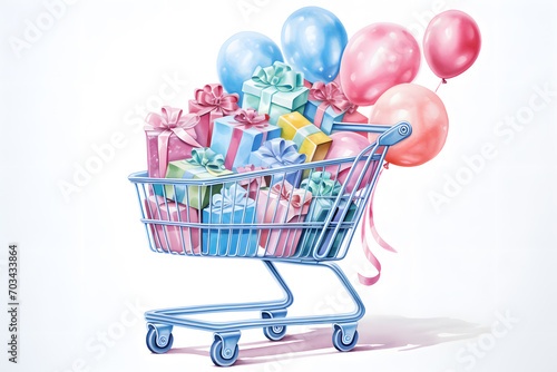 Watercolor shopping cart with gifts and balloons