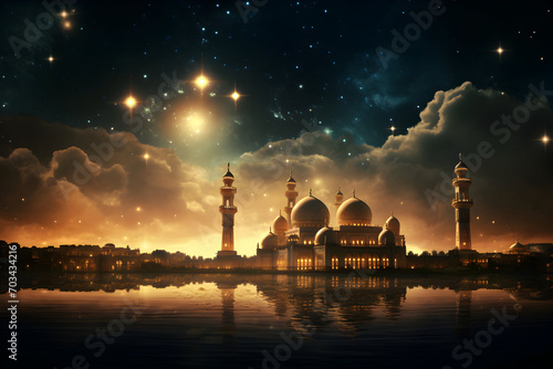 a Muslim mosque in night colors. reflection. Ramadan