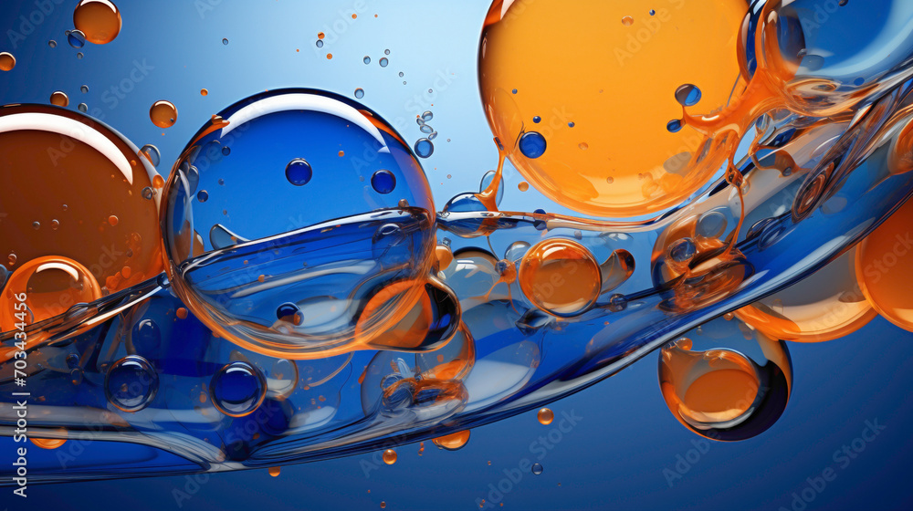 Bursting bubbles of sapphire blue and radiant orange, creating a surreal and captivating liquid abstraction.