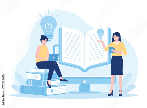 girl in front of laptop sitting on stack of books online learning concept flat illustration