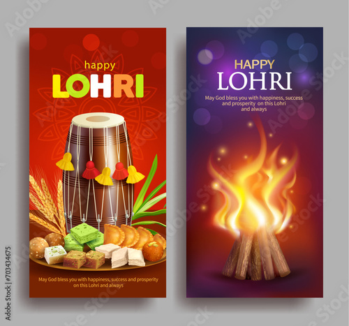 Greeting banners with traditional sweets, dhol (drum) and bonfire for Punjabi harvest festival Lohri (Pongal, Makar Sankranti). Vector illustration.