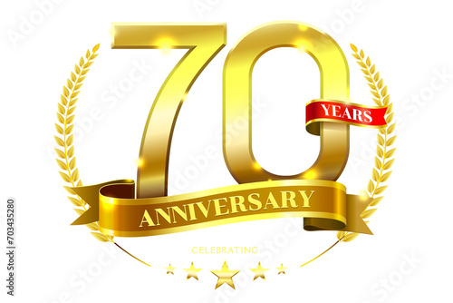 70 Years Anniversary with laurel wreath Golden Ribbon