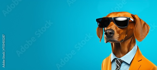 Stylish dog in sunglasses and suit with tie, isolated on blue background with copy space © Ilja