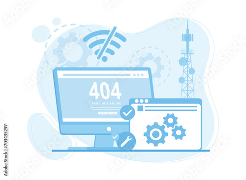 computer screen error page 404 no internet connected concept flat illustration