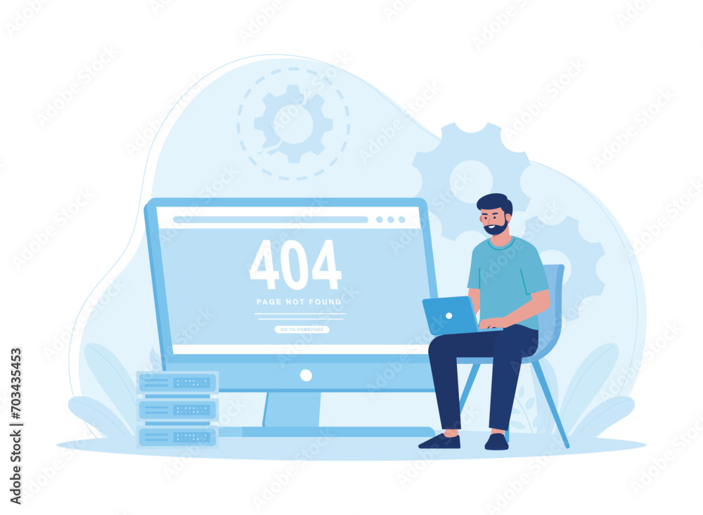 man with laptop fixing web error 404 concept flat illustration man with laptop fixing web error 404 concept flat illustration