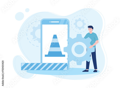 man carrying gear repair concept on mobile phone concept flat illustration