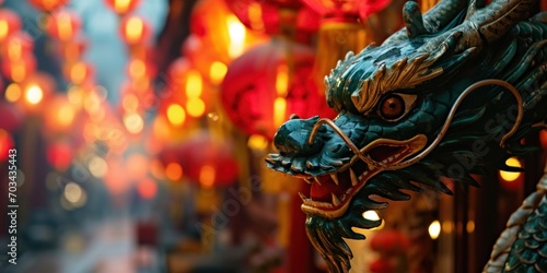 Chinese green dragon against the background of a street decorated with red paper lanterns, chinese new year, banner