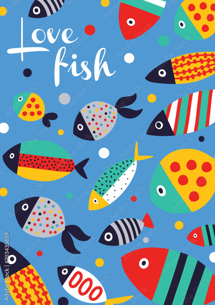 Cute decorative fish. Vector sea poster. Kids illustration.
