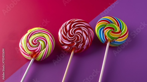 Set of three lollipops with rainbow colour and fruit flawor with purple background