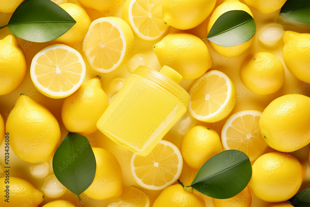 Top view of decorative cosmetics with lemon extract, selective focus Top view of decorative cosmetics with lemon extract, selective focus