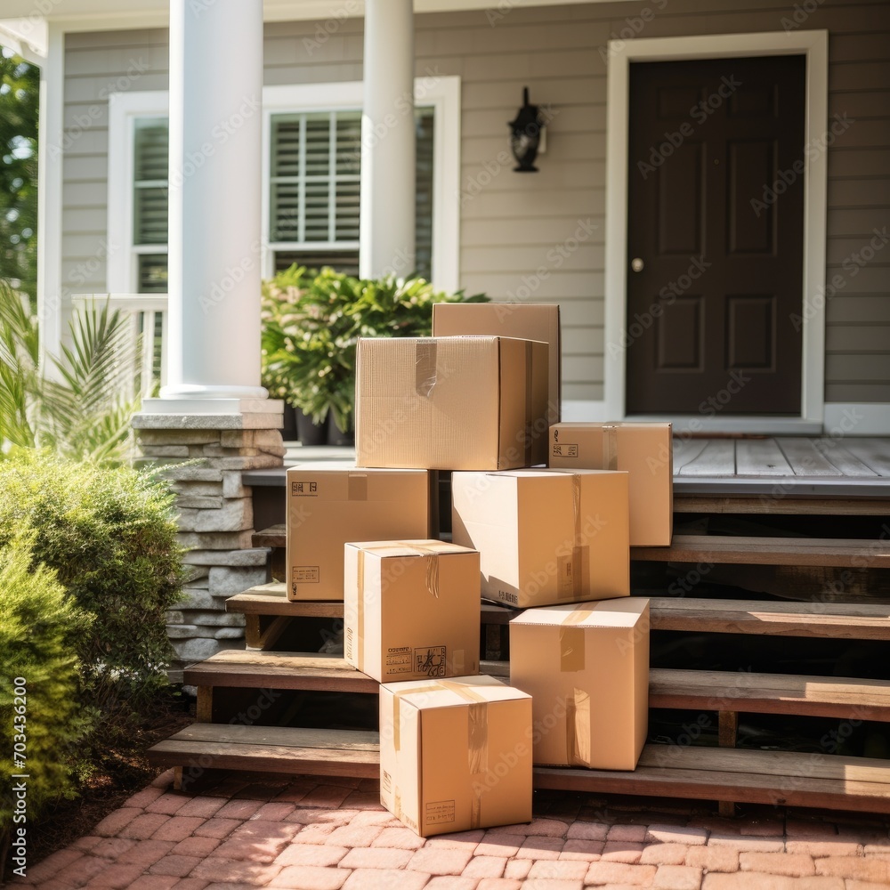 Moving boxes in front of a new house Moving boxes in front of a new house