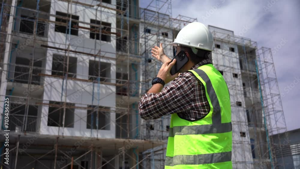 Senior architect or civil engineer talking to phone pointing finger to inspection and control at construction site. building project Senior architect or civil engineer talking to phone pointing finger to inspection and control at construction site. building project