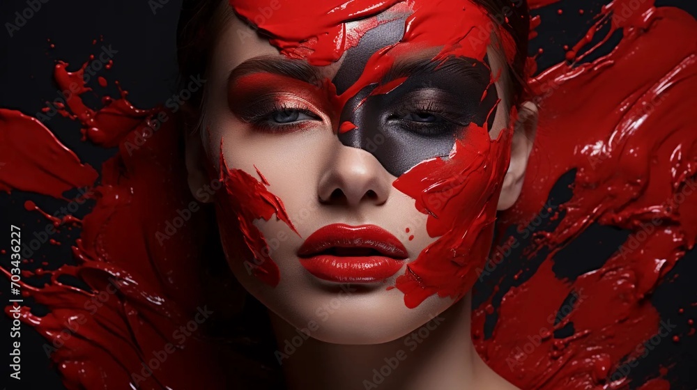 Woman's face with splashes of red paint, makeup advertising concept Woman's face with splashes of red paint, makeup advertising concept