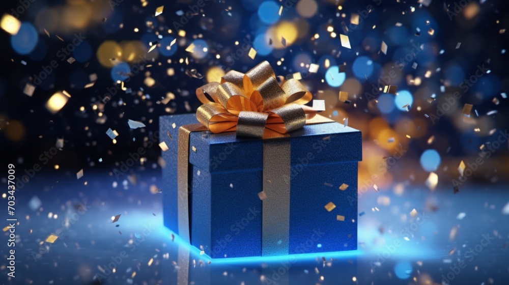 a gift box or present embraced by whimsical flying confetti, harmonizing against a captivating blue bokeh background, creating a magical Christmas greeting card a gift box or present embraced by whimsical flying confetti, harmonizing against a captivating blue bokeh background, creating a magical Christmas greeting card