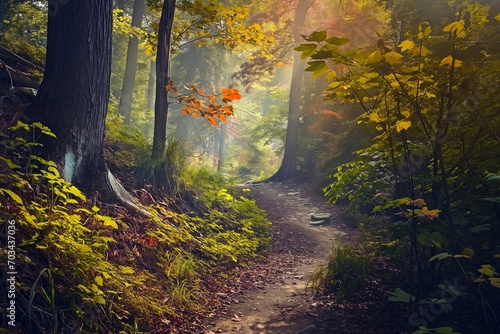 A walkway meanders through a scene of October woodland  replete with ferns and trees displaying golden leaves.