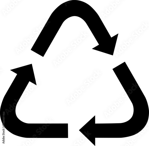 Three arrow triangle on transparent background, recyclable packaging sign, isolated vector icon.