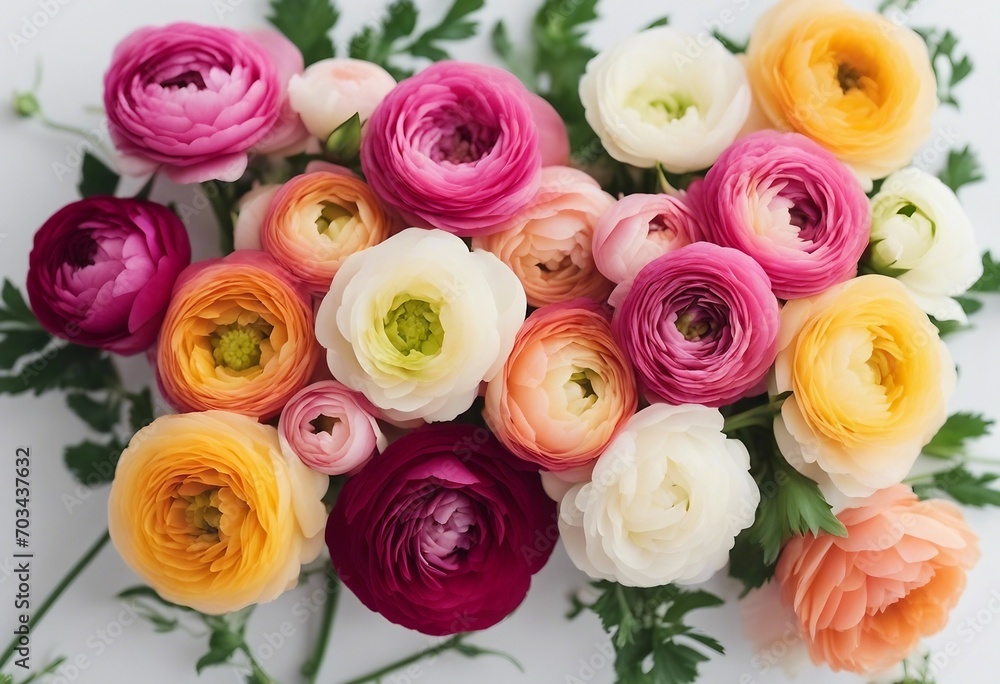 Beautiful spring Ranunculus flowers on white background from above Floral border Pastel color Wedding