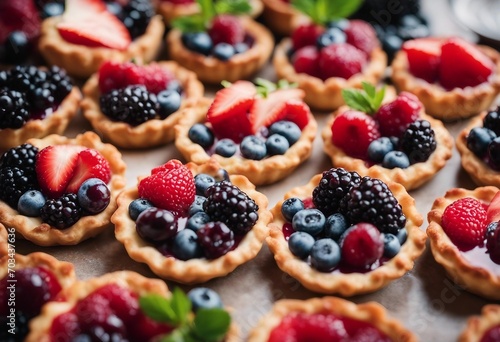 Berry tartlets background Delicious summer pastry dessert top view