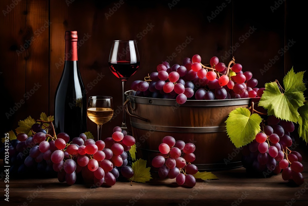 Step into the heart of a bountiful vineyard with a super realistic stock photo capturing the essence of a Grape harvest bucket alongside a red wine bottle and wine glass.