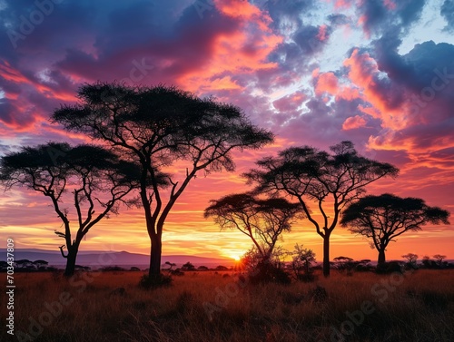The iconic landscape at sunrise, with acacia trees silhouetted against the colorful sky.