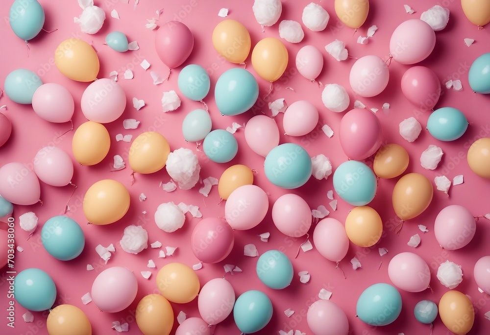 Pastel balloons and white confetti on pink background top view Flat lay style Pastel balloons and white confetti on pink background top view Flat lay style