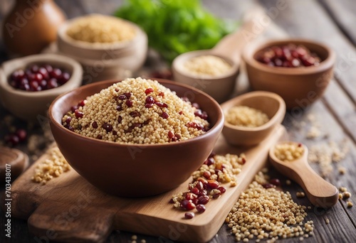 Mixed quinoa in bowl on wooden kitchen board