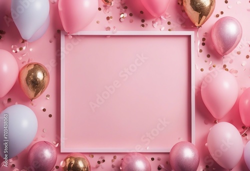Pastel pink table with frame from balloons and confetti for birthday top view Flat lay composition