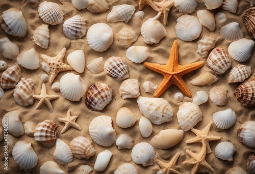 Top view of a sandy beach with exotic seashells and starfish as natural textured background
