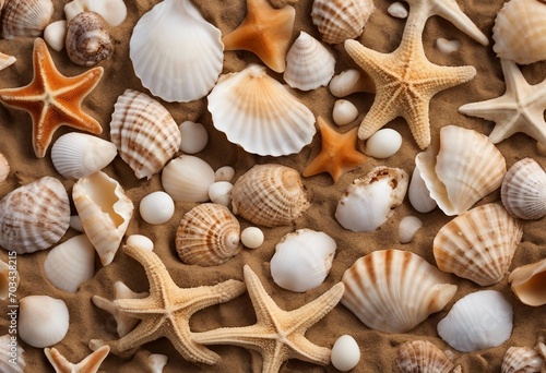 Top view of a sandy beach with exotic seashells and starfish as natural textured background