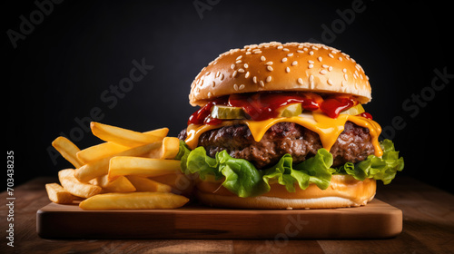 Large juicy burger with beef patty, melted cheese, sauce. Lettuce, tomato chunks, ketchup, sesame seed bun. French fries on a wooden board. Advertising poster for websites, social networks and print. 