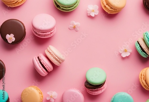 Waffle cone with colorful macaron or macaroon on pink pastel background top view Flat lay composition