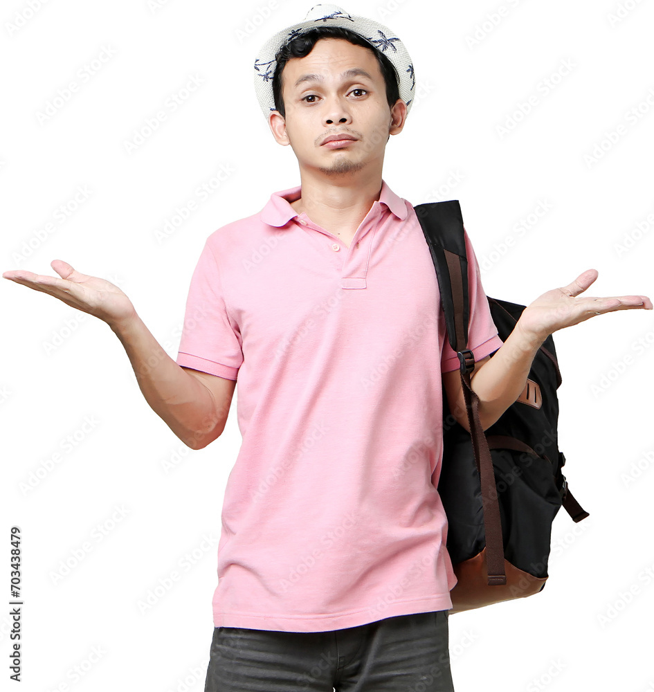 Asian man backpacker with confused expression. travelling concept. on isolated background Asian man backpacker with confused expression. travelling concept. on isolated background