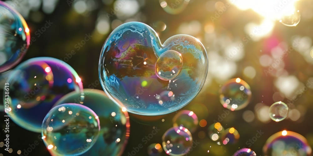 valentine vibes , Heart Bubbles at the sky, sunset,Love in the summer sun with bubble blower,romantic inflating colorful soap bubbles in park