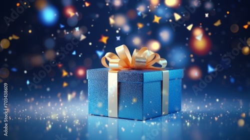 a gift box or present surrounded by flying confetti against a mesmerizing blue bokeh background, creating a magical Christmas greeting card © graphito