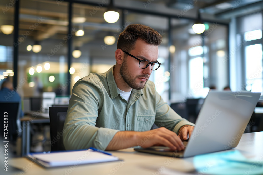 Energetic Businessman: Busy professional business man Typing on Laptop at Office Workspace, male worker software developer Energetic Businessman: Busy professional business man Typing on Laptop at Office Workspace, male worker software developer