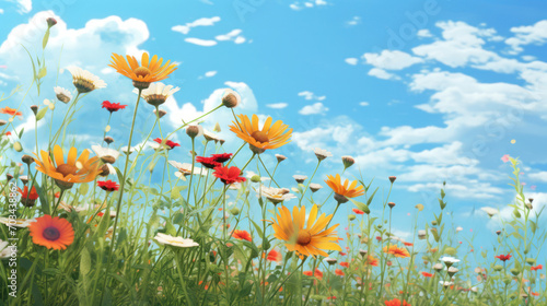 Summers warmth graces a meadow flower illustration beneath a cloudless   blue sky