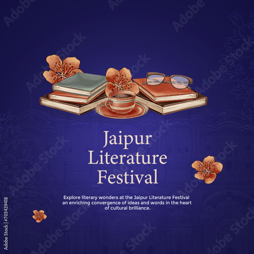 Poster for the Jaipur Literature Festival, featuring books and cultural elements on a blue background.