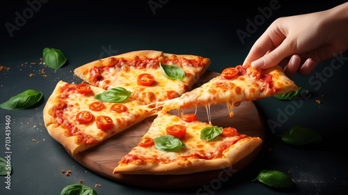 Delicious Italian pizza from the oven on a wooden table. Processed cheese, tomatoes, sausage, olives, basil. Promotional image for websites, social networks and print.
